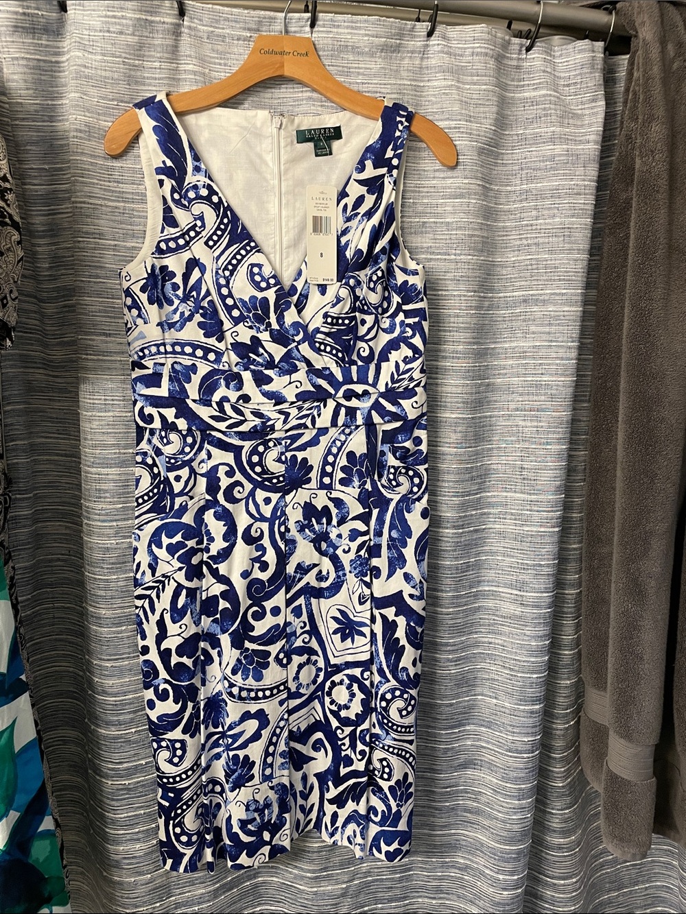 Lauren Ralph Lauren White and Blue Paisley V-Neck Sheath Dress